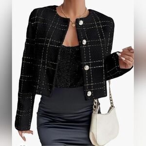 MINA SELF Black/Metallic Gold Cropped‎ Tweed Blazer - Size Small